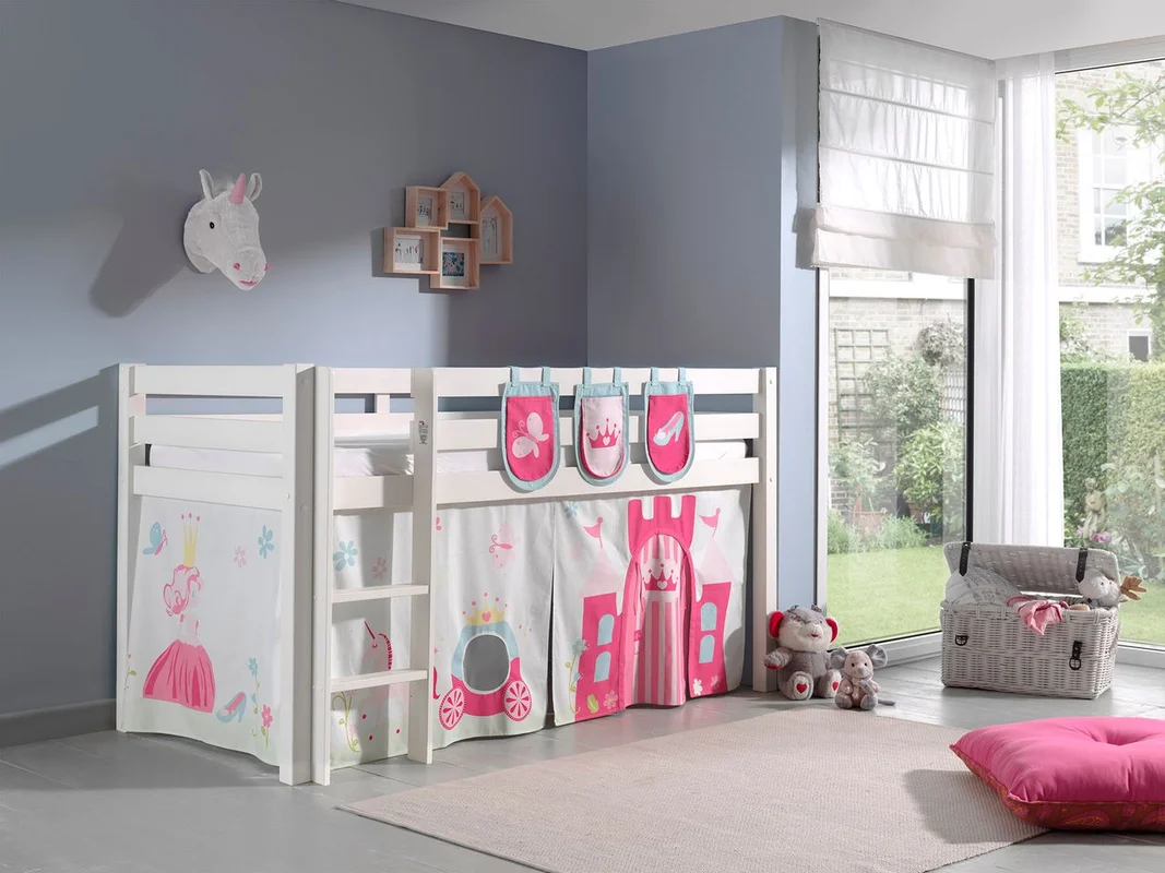 Spielbett Pino mit Textilset Vorhang und 3 Taschen "Princes", Ausf. Kiefer massiv weiß lackiert